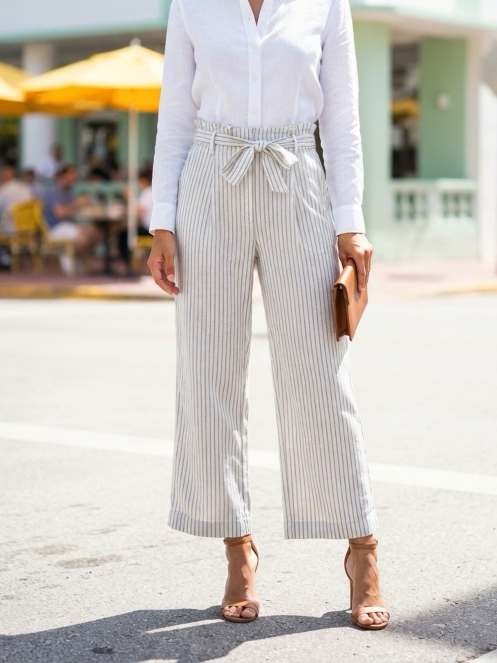 Ricki’s Linen Blend Striped Paperbag Waist Straight-Leg Cropped Pants Size 8